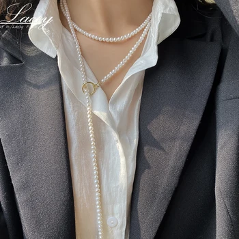 Настоящее натуральное Длинное ожерелье из мелкого жемчуга Для женщин, Ожерелье из свитера с пресноводным жемчугом, Свадебное ожерелье из серебра 925 пробы с жемчужной подвеской, Корея