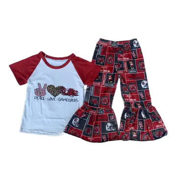 Новое словосочетание с короткими рукавами и буквенным принтом для девочек, красочные расклешенные брюки, детский модный костюм