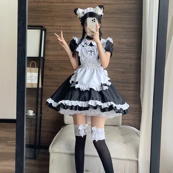 Новое Японское черно-белое Классическое платье принцессы Лолиты Kawaii Maid с коротким рукавом для Косплея, женский костюм для вечеринки на Хэллоуин