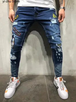 Новые модные мужские джинсовые брюки с вышивкой в виде значка с дырками, мужская уличная одежда в стиле хип-хоп, обтягивающие повседневные джинсы с заплатками