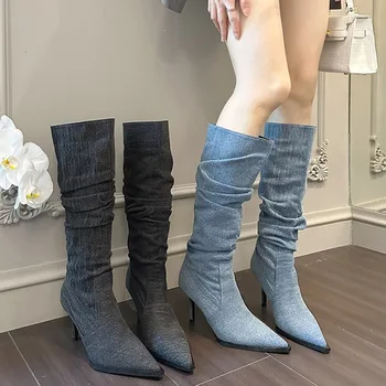 Новые осенне-зимние женские ботинки в стиле вестерн для ковбоев, модные ботильоны без застежки, женские ботильоны на высоком каблуке