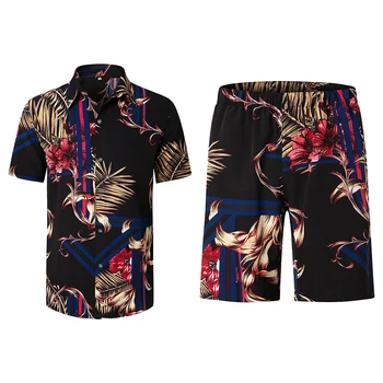 Новый дизайн, мужской комплект из 2 предметов с цветочным ретро-принтом, гавайские повседневные рубашки + летние пляжные шорты для мужчин, праздничные костюмы Cody Set