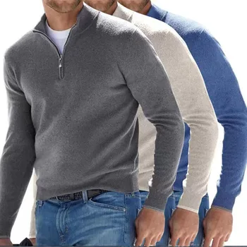 Новый модный пуловер с длинным рукавом и V-образным вырезом, приталенный свитер, шерстяные мужские повседневные топы на молнии, вязаная толстая теплая рубашка поло, мужская одежда