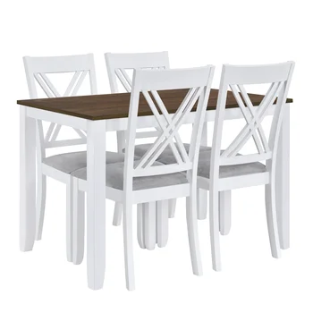 Обеденный стол в деревенском минималистичном стиле из дерева, состоящий из 5 предметов, с 4 стульями с откидной спинкой для небольших помещений, белый