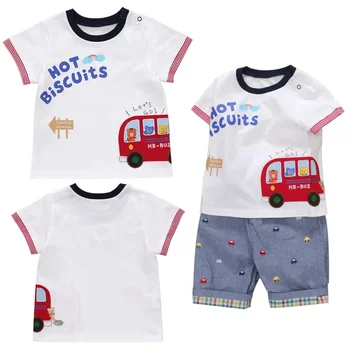 Одежда для мальчиков 2023, Летняя новинка, HB Mazi Bear Bus, Футболка с коротким рукавом и вышитым принтом, топ с круглым вырезом