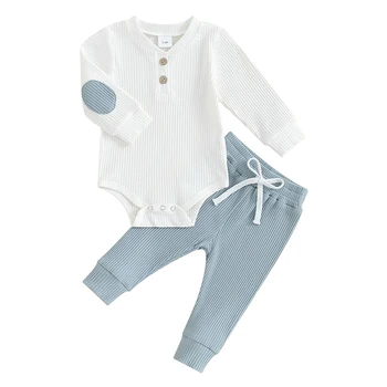Одежда Для новорожденных мальчиков и девочек, трикотажный комбинезон с длинными рукавами и нашивками в рубчик, однотонный комплект брюк, унисекс
