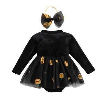 Одежда С юбкой на Хэллоуин для новорожденных девочек, боди с длинными рукавами в виде тыквы, комбинезон, платье с повязкой на голову, комплект