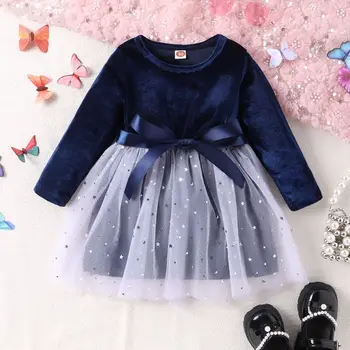 Осенне-зимнее сетчатое платье для девочек 2023 года с длинными рукавами и звездами, расшитое блестками, платье принцессы с бантом, детская милая пышная юбка от 1 до 5 лет