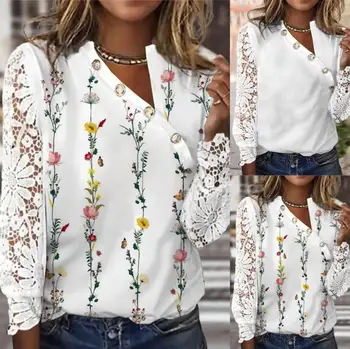 Осенне-зимняя футболка для женщин, 2023 Новая модная Темпераментная блузка с рукавом-лепестком и воротником-пуговицей с цветочным принтом