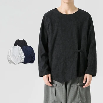 Осенний Новый Мужской пуловер в китайском стиле, Хлопковая и льняная футболка с длинными рукавами, Однотонная рубашка в стиле Ретро С пряжкой, Свободная льняная футболка