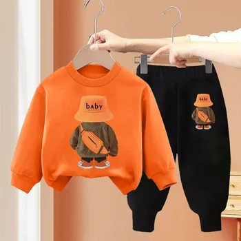 Осенняя детская одежда для мальчиков, повседневная одежда с Мультяшным Медведем, Комплекты из 2 предметов, подростковый свитер, пуловер, Топ, брюки, спортивные костюмы, Loungew