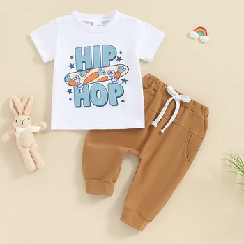 Пасхальная летняя одежда для маленьких мальчиков, футболка с рисунком скейтборда в стиле хип-хоп, штаны с верхним карманом, милая одежда для младенцев