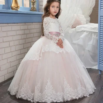 Платье в цветочек с кружевными аппликациями из бело-розового тюля с круглым вырезом и длинным рукавом для свадьбы, Дня рождения, первого причастия