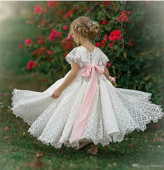 Платье для девочки в цветочек, Белое кружевное украшение с бантом, Свадебные платья с короткими рукавами, Милый Маленький цветок, Детское платье для причастия, платье на день рождения
