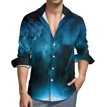 Повседневные рубашки Blue Nebula Galaxy, мужская крутая космическая рубашка с длинным рукавом, винтажные блузки Y2K, весенний графический топ большого размера