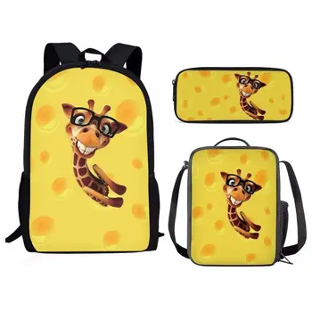 Повседневный рюкзак для мальчиков и девочек с животным принтом в виде жирафа, школьная сумка из 3 предметов, подарок студенту в школу с пакетом для ланча, сумкой для карандашей