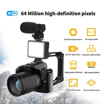 Полноцифровая фотокамера 4K WIFI Веб-камера Винтажный видеомагнитофон 64-Мегапиксельная видеокамера с зумом Камера для ведения блога