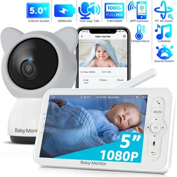 Портативный WiFi Монитор HD 1080P с приложением, 5-дюймовый дисплей, Камера для детей с Панорамированием, Наклоном и Зумом 1080P, Ночное видение, Камера для наблюдения за двусторонним разговором