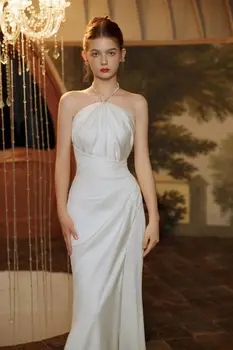 Последнее сексуальное свадебное платье в стиле бохо с разрезом, элегантные вечерние платья-футляр без рукавов, плиссированные атласные платья для невесты