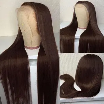 Потрясающие Темно-коричневые Шелковистые Прямые парики для женщин, длинный синтетический парик на кружеве, свободная часть, Натуральная линия роста волос, парики для косплея, которые можно носить