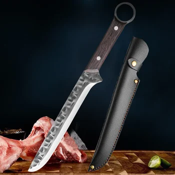Походный нож для кемпинга, нож для выживания, Кованый Обвалочный нож, нож для разделки мяса, нож для фруктов из нержавеющей стали, острый нож для барбекю с крышкой