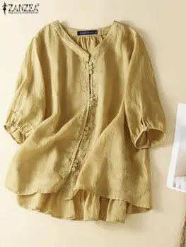 Праздничная рубашка с вышивкой и V-образным вырезом ZANZEA, женская повседневная свободная блузка, Модные летние топы с коротким рукавом 2023, туники с пуговицами нерегулярной формы