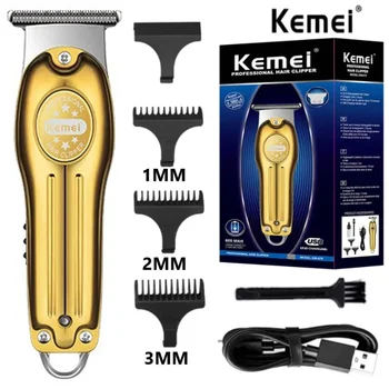 Профессиональная машинка для стрижки волос Kemei Gold Для мужчин Перезаряжаемая Парикмахерская Беспроводная Машинка для стрижки волос для мужчин 0 мм с Т-образным лезвием с непокрытой головкой