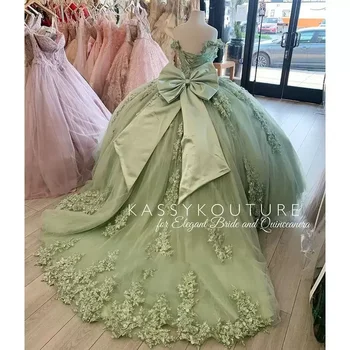 Пышные платья Sage Green с открытыми плечами 2024 С цветочными аппликациями, кружевным бантом, шнуровкой сзади для милых вечерних платьев для девочек 15 размера плюс