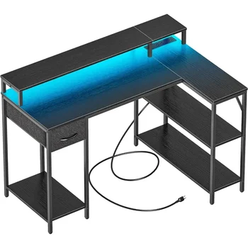 Рабочий стол для ноутбука, стол для чтения, черный L-образный игровой стол со светодиодной подсветкой и розетками, мебель для компьютерных столов