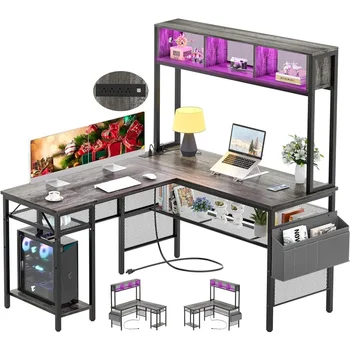 Реверсивный Угловой стол L-образной формы с полками для хранения и сумкой, Промышленный стол для домашнего офиса, игровой стол с USB-портом, компьютер
