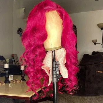 Редис Розовый Цвет Объемная волна Предварительно Выщипанные Синтетические волосы Кружевной Фронтальный Парик для женщин Бесклеевые Волокнистые волосы Прозрачные Кружевные Парики