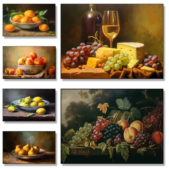 Ретро-плакаты с фруктами, Яблоки, Персик, Апельсин, Груша, клубника, печать на холсте, настенная художественная картина для гостиной, украшение дома