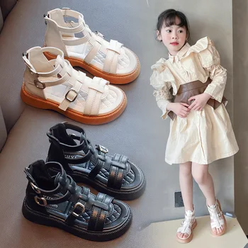 Римская Обувь для мальчиков, Новинка лета 2023, Классический Чистый Черный, Универсальные Повседневные Детские Модные Сандалии для девочек с открытым носком, Дышащие на молнии сзади