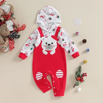 Рождественский комбинезон для новорожденных девочек с длинным рукавом, капюшоном и вышивкой Медведя, комбинезон во всю длину