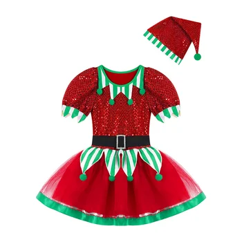 Рождественский костюм эльфа для косплея для девочек, украшенное блестками и помпонами Сетчатое платье-пачка со шляпой, детская новогодняя одежда