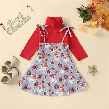 Рождественский наряд для девочек, водолазка с длинным рукавом, пуловер с цветочным принтом Санта-Клауса, платье-комбинация, осенний наряд от 3 до 6 лет