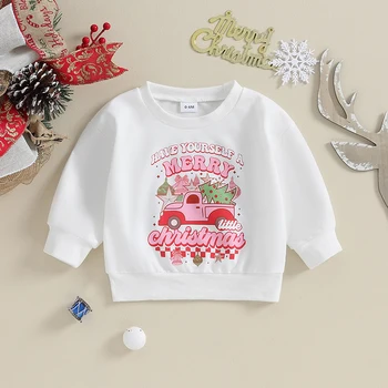 Рождественский наряд для маленьких девочек, пуловер с буквенным принтом, толстовка, рубашка с длинным рукавом, осенне-зимняя одежда
