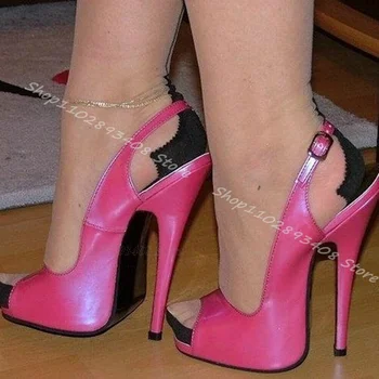 Розово-Красные Босоножки на шпильке С Открытым носком Из Лакированной Кожи С пряжкой На щиколотке На Высоком Каблуке Летнее Праздничное Платье Женская Обувь 2024 Zapatos Para Mujere
