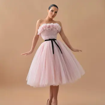 Розовое тюлевое платье для выпускного вечера без бретелек с оборками, короткие вечерние платья для девочек на свадьбу, вечерние платья, шикарное коктейльное платье