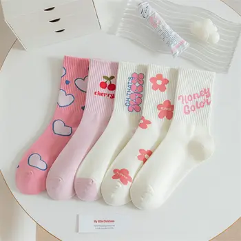 Розовые женские носки Весенне-осенний тренд, носки с надписью Flower Crew sSocks, милые японские носки Harajuku Love Cherry для девочек