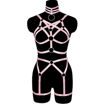 Розовый комплект женского бондажа, сексуальное женское белье, 3 предмета, пояс для чулок, подтяжки, готические секс-костюмы, свадебные подвязки для ног, БДСМ