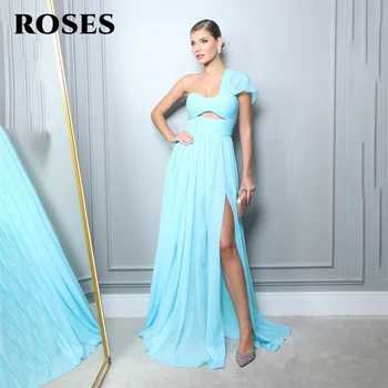 Розы Небесно-голубого цвета, Очаровательное платье для выпускного вечера на одно плечо, Шифоновое вечернее платье с разрезом сбоку, вечернее платье в стиле милой девушки, vestidos de noche