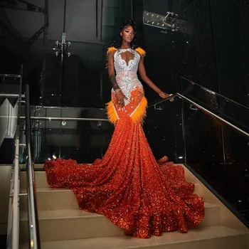 Роскошные оранжевые платья для выпускного вечера для чернокожих девочек, вечерние платья Русалки со стразами, вечерние платья Африканских женщин с украшением в виде кристаллов