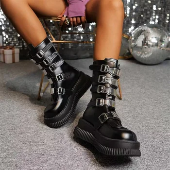 Сапоги на платформе в готическом стиле для женщин, черные туфли на танкетке в стиле панк, Бесплатная доставка, botas goticas de mujer