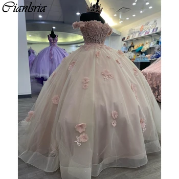 Светло-розовые пышные платья с 3D цветами и открытыми плечами, бальное платье, Расшитое бисером, Аппликации, Кружевной корсет, Vestidos De 15 Años