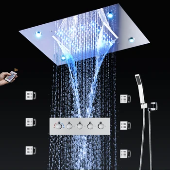 Светодиодные смесители для душа с высоким потоком воды для ванной Комнаты, система термостатического смесителя с водопадом, 2 