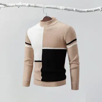 Свитер с цветными вставками, мужской зимний свитер, вязаный мужской свитер с цветными вставками, с полувысоким воротником, приталенный, теплый на осень-зиму