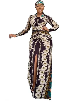 Сексуальное облегающее стрейчевое женское платье с разрезным принтом и повязкой на голову, платье Макси с длинным рукавом, Женский халат, Осенняя модная африканская одежда