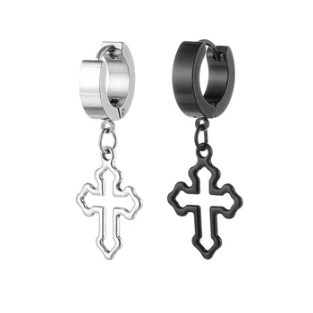 Серебряные серьги с черным крестом, пирсинг, серьги-кольца из нержавеющей стали для женщин и мужчин