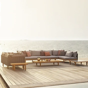 Скандинавский уличный диван из тикового дерева, вилла для отдыха, ротанговое кресло из массива дерева, уличный сад, модель мебели для внутреннего двора